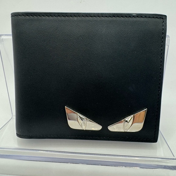 FENDI Monster Men’s Black Leather Wallet with Silver Accents